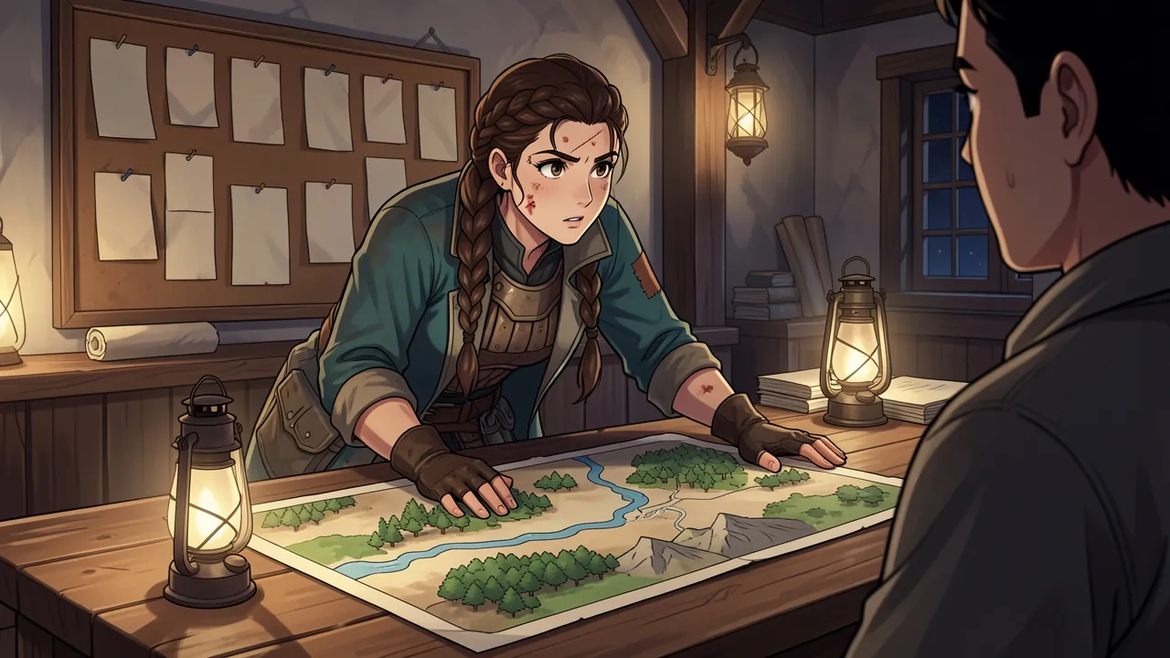 Ingeborg Talvane leans over a long guild hall table with a map spread under her gloved hands, looking across at an adventurer in the foreground as if waiting for their answer.
