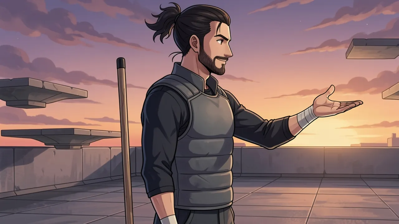 Tobiah Ashcombe on his rooftop training ground at dusk, practice staff planted beside him, one open hand held out as he talks someone just out of frame through a drill