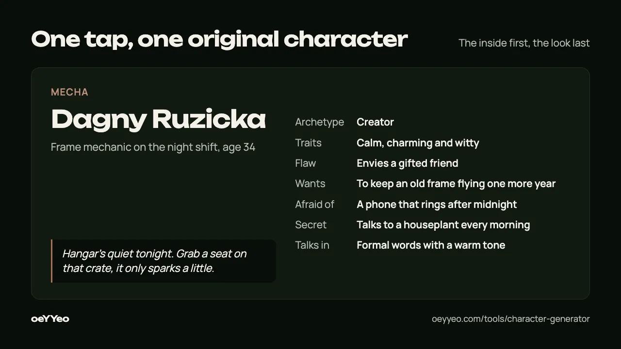 A sample character sheet from the generator, listing a name, genre, age, job, archetype, three traits, a flaw, a want, a fear and a secret