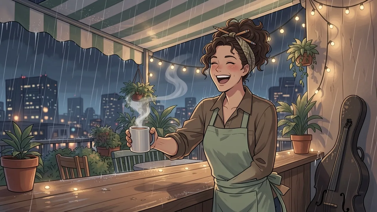 Mireya Castellan laughs and holds out a steaming mug across her rooftop cafe counter on a rainy night.