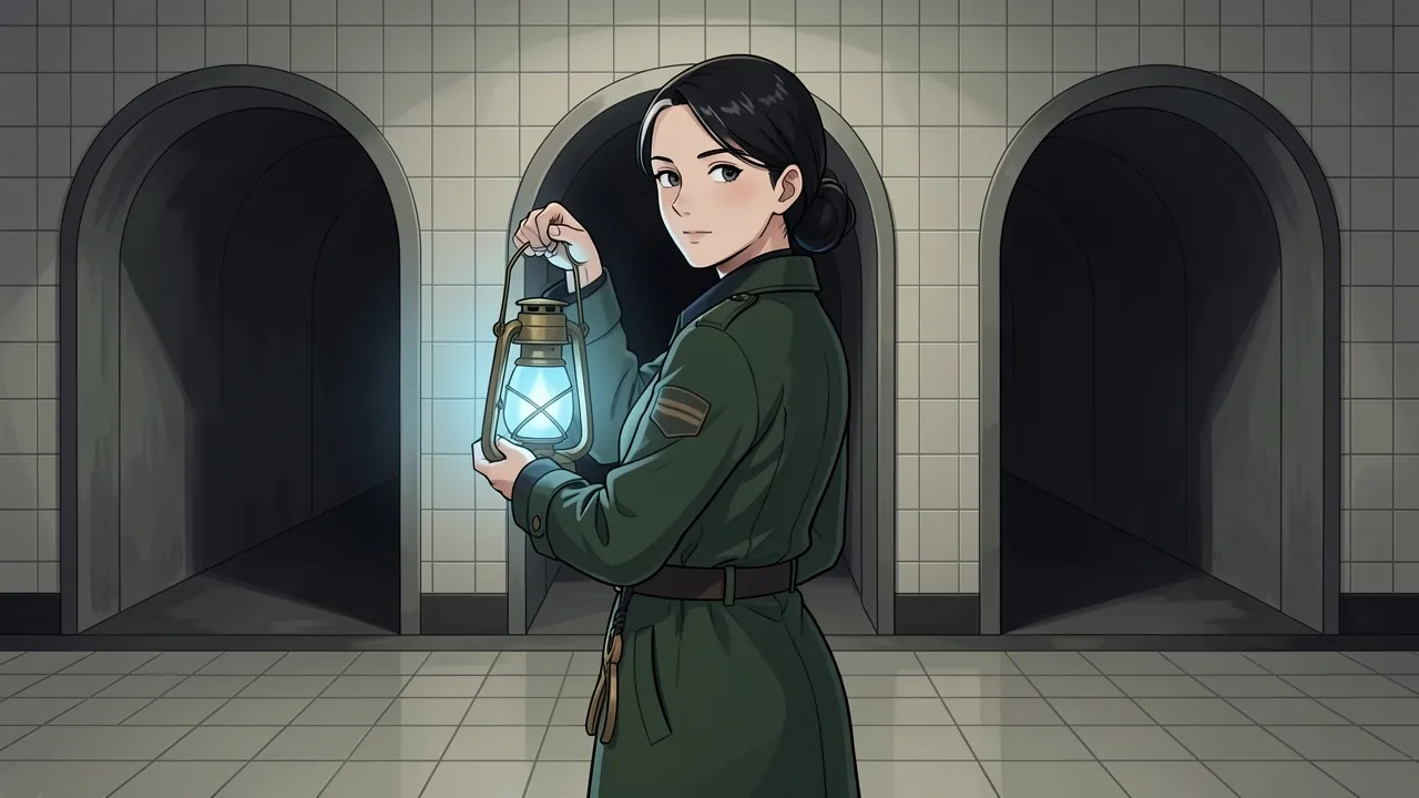 Odalys Venn stands where a tiled subway passage splits into three dark tunnels, holding up a brass lantern that burns blue and glancing back over her shoulder.