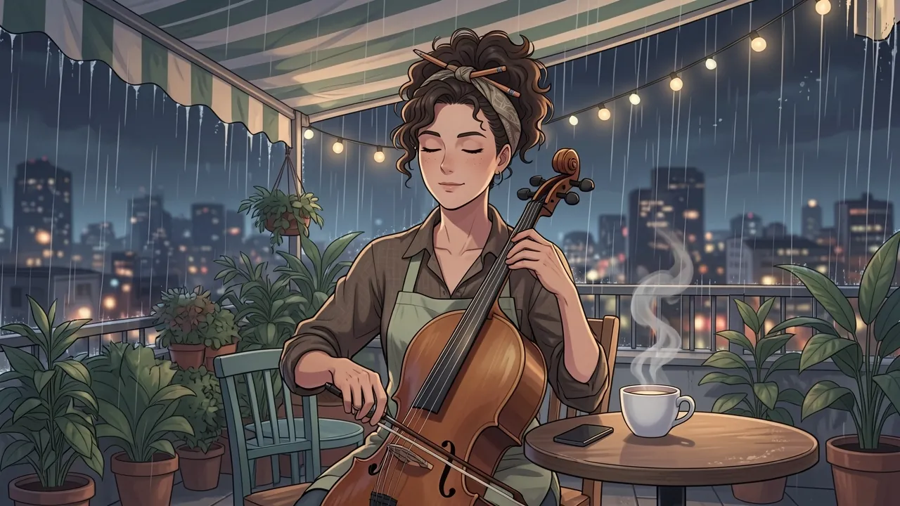 Mireya Castellan plays her cello alone under the green and white awning of her rooftop cafe on a rainy night, eyes half closed, a steaming cup beside her and the city lights blurred below.