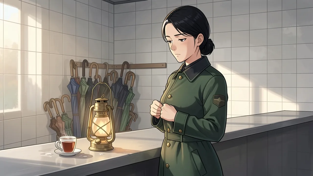 Odalys Venn at the end of a night shift, buttoning her long green transit coat by the lost property counter, a brass lantern glowing on the counter beside a cup of tea going cold as dawn light reaches the empty office.