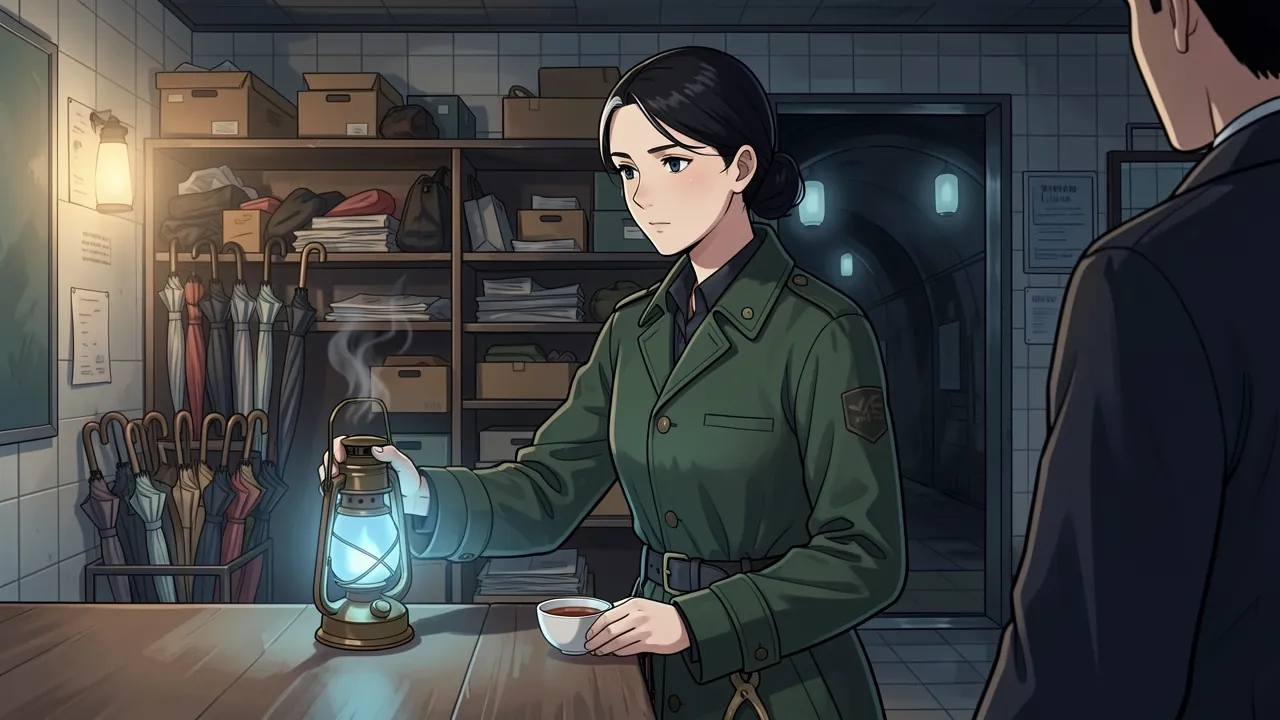 Odalys Venn, calm and unreadable, sets a cup of hot tea on the lost property counter while holding her blue lantern.