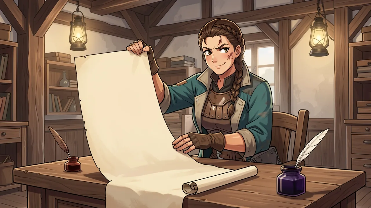 Ingeborg Talvane at her guild desk, one eyebrow raised and a skeptical half smile, holding up a parchment scroll so long it unrolls across the desk and over its edge.