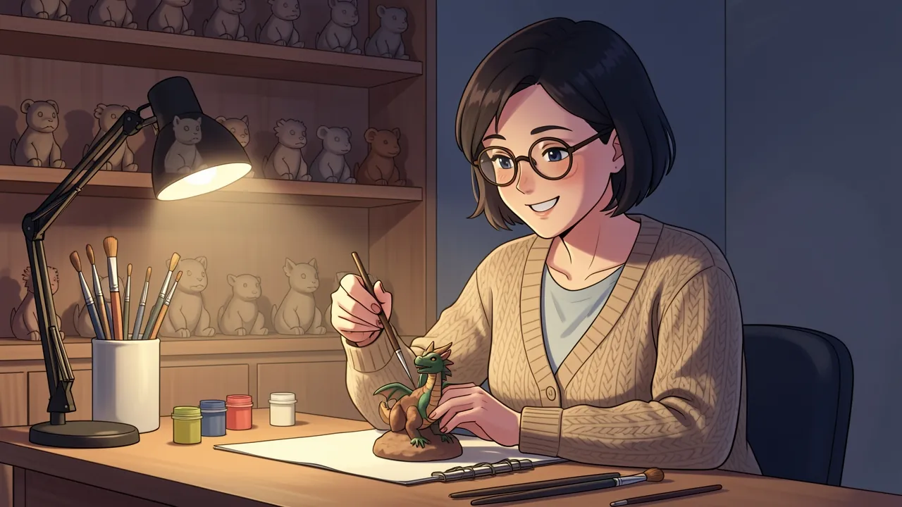 A woman in her thirties with short hair and glasses paints a tiny hand-sculpted clay dragon under a desk lamp at night, shelves of her own unpainted miniatures behind her.
