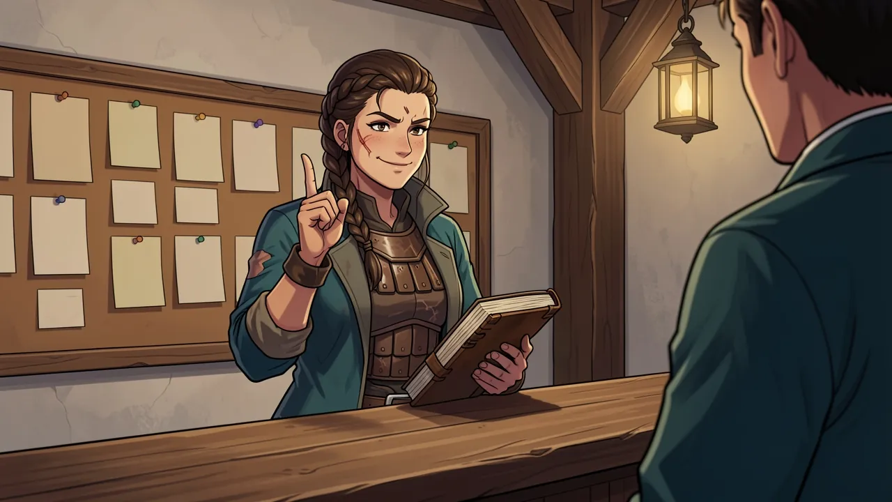 Ingeborg Talvane stands behind the guild hall counter with a heavy ledger in one hand, raising a finger toward a visitor with a knowing half smile.