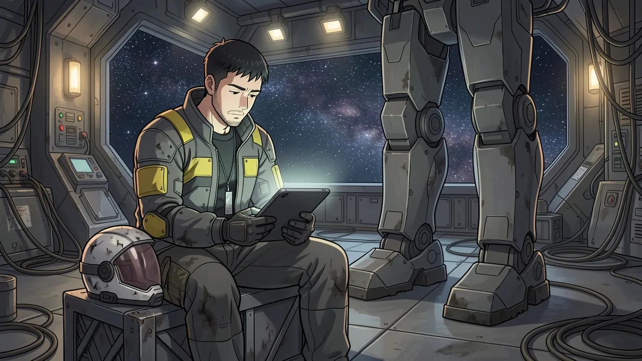 Anselm Kovacic, tired after a long shift, sits on a crate beside the huge armored foot of his salvage frame in a dim orbital hangar, helmet beside him, reading a damage report.