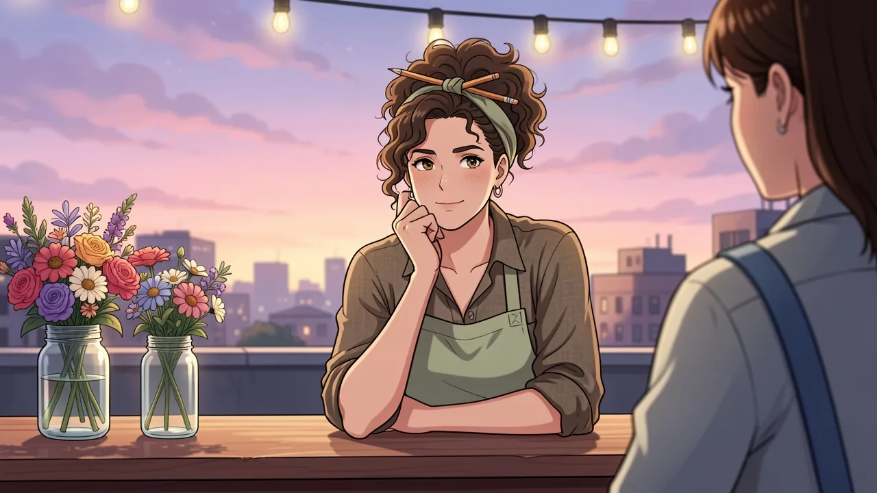Mireya Castellan leans on her cafe counter with her chin in her hand, listening closely to a friend whose shoulder fills the foreground, jars of flowers and string lights around her.