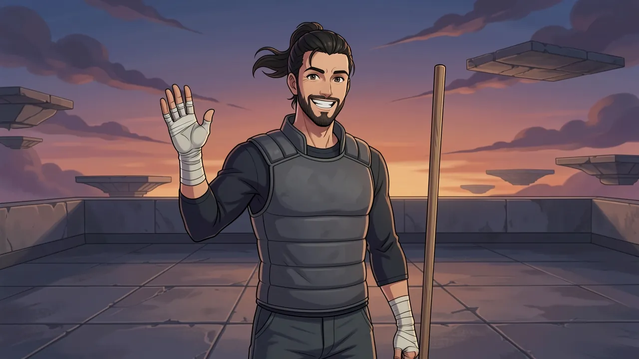 Tobiah Ashcombe on his rooftop dojo at dusk, waving the next challenger in with a wide grin, his wooden practice staff planted beside him and floating stone platforms in the sky.