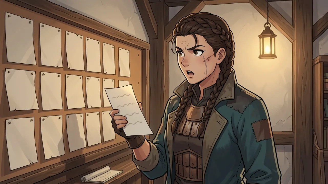 Ingeborg Talvane stands at a lantern-lit quest board holding a single notice close, frowning at it in open surprise, the other notices on the board blank.