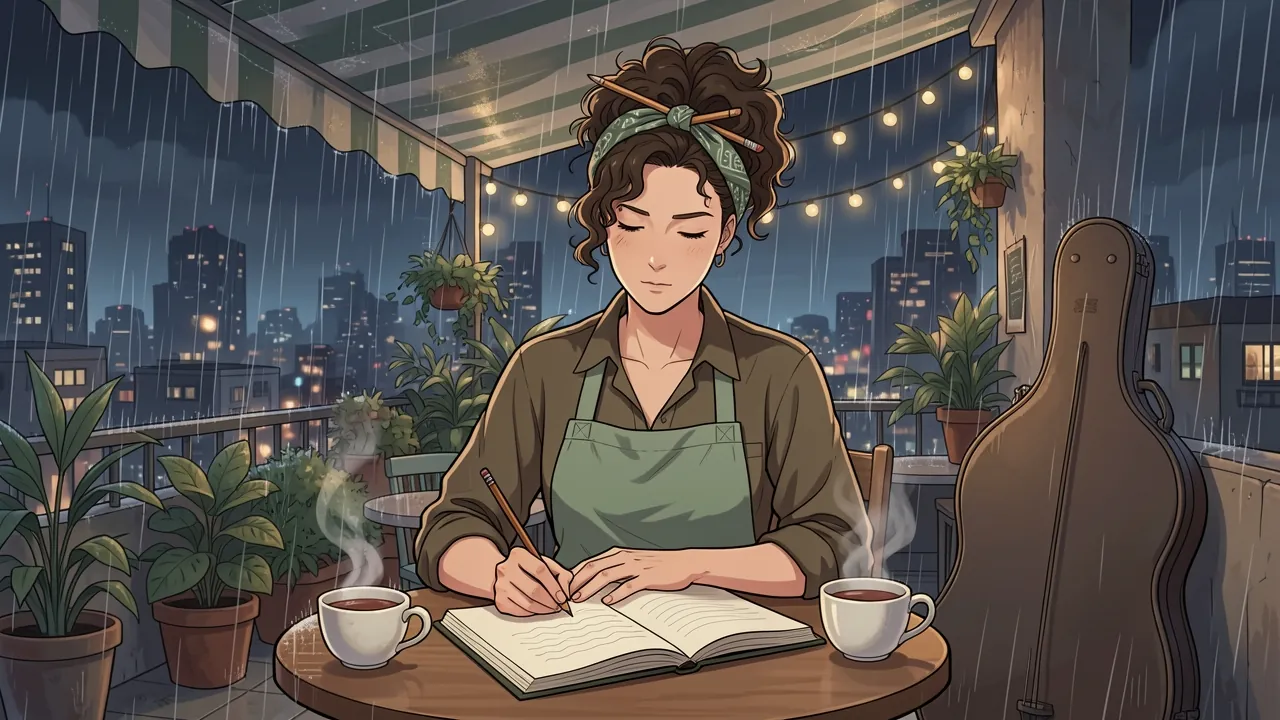 Mireya Castellan sits at a small table in her rooftop cafe late on a rainy night, pencil to an open notebook, two cups of tea on the table and a closed cello case beside her.