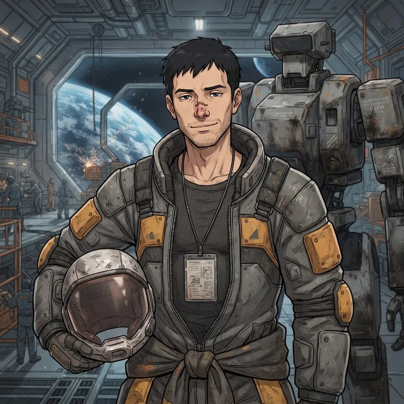 Anselm Kovacic, a lean man in his mid twenties with an angular face, stubble and helmet-flattened black hair, in a scuffed graphite pressure suit with hazard-yellow panels, a dented helmet under one arm.