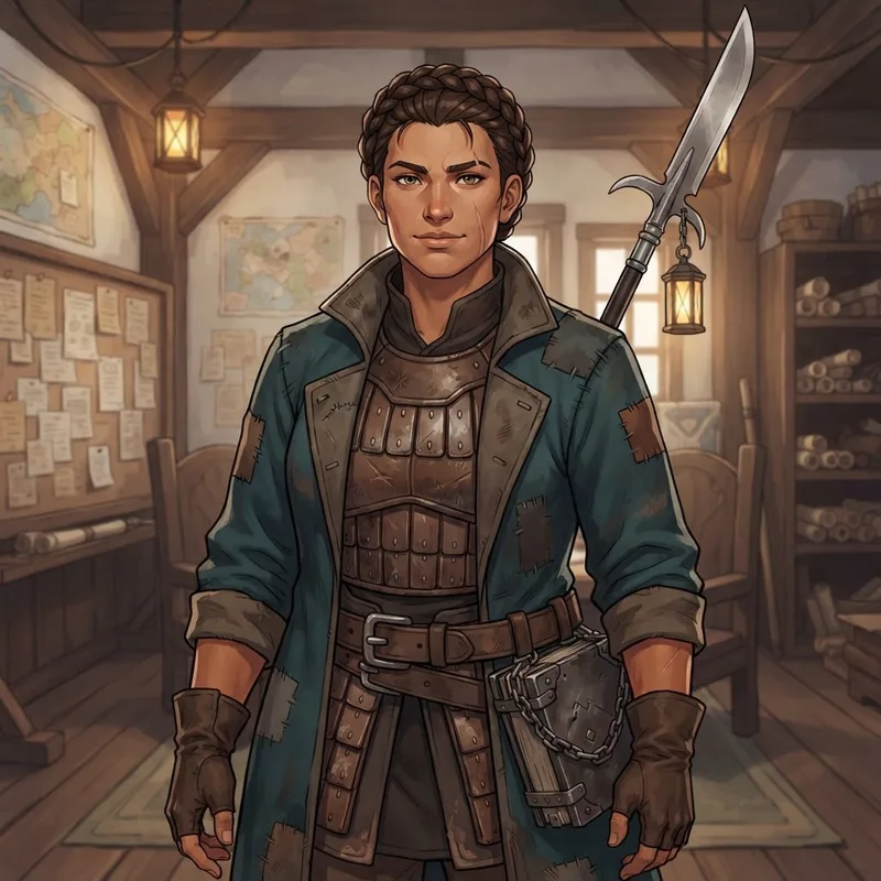Ingeborg Talvane, a tall, broad-shouldered woman in her mid twenties with a crown braid and a pale scar along her jaw, in a patched teal guild-master's coat over leather armour, lantern light behind her.
