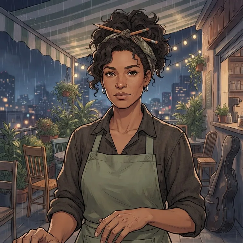 Mireya Castellan, a woman in her mid twenties with warm brown skin, freckles and dark curls held up with a pencil, in a linen shirt and sage green apron on a rooftop cafe strung with lights.