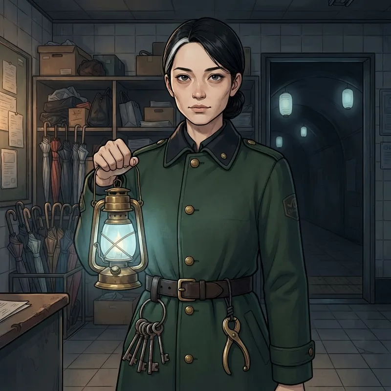 Odalys Venn, a woman in her mid twenties with a calm, steady face, dark circles from night shifts and a single white streak in black hair worn in a low knot, in a long deep green transit coat with brass buttons, holding a brass lantern that burns blue in a tiled subway office.