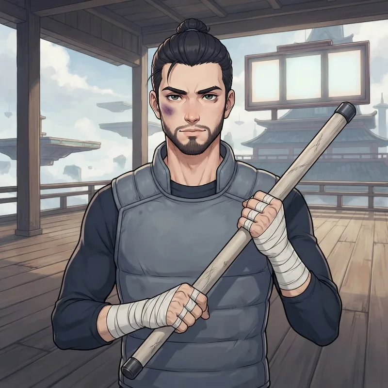 Tobiah Ashcombe, a lean, wiry man in his mid twenties with deep-set eyes, a short dark beard and hair tied back, taped wrists over a slate training vest, a plain ash staff in hand on a rooftop dojo open to the wind.