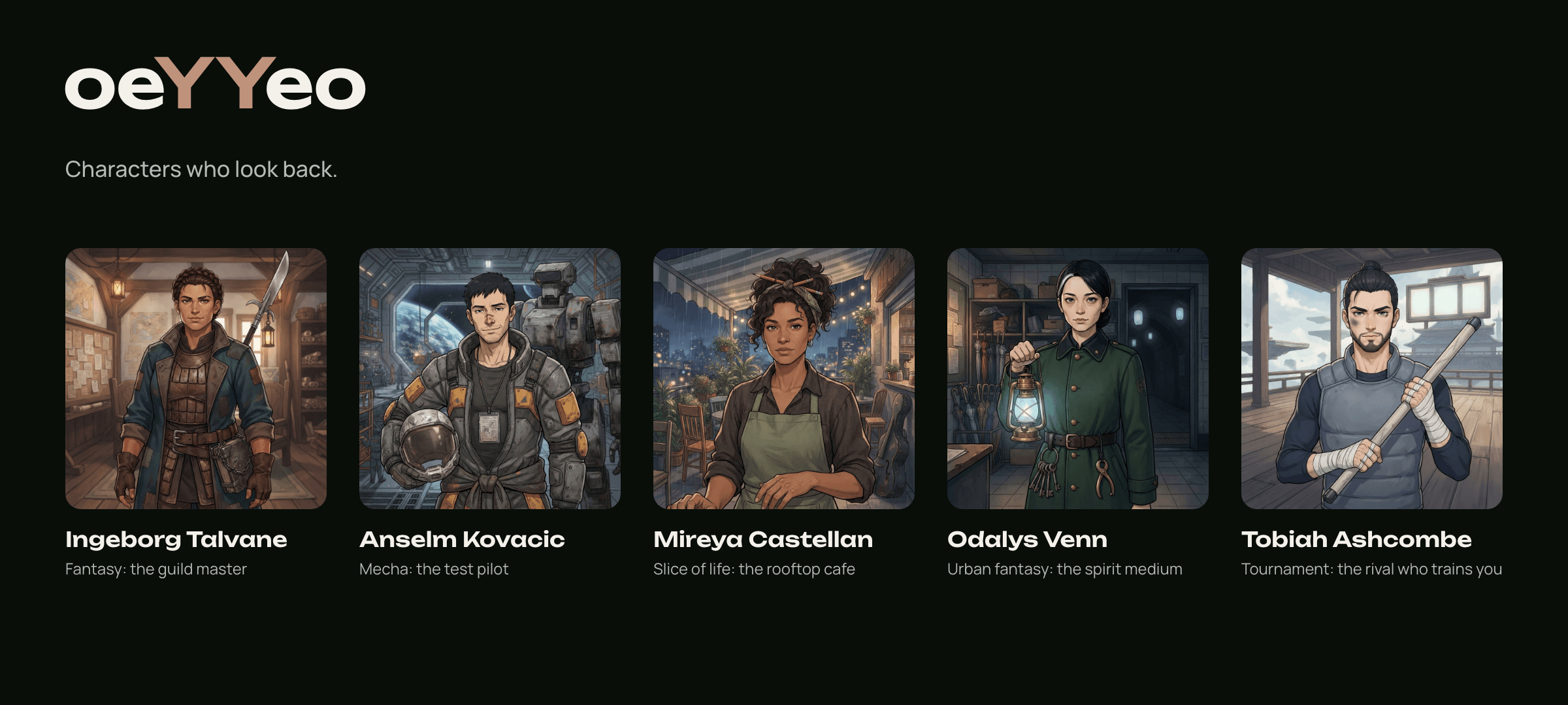 The five oeYYeo characters side by side, each named with their role
